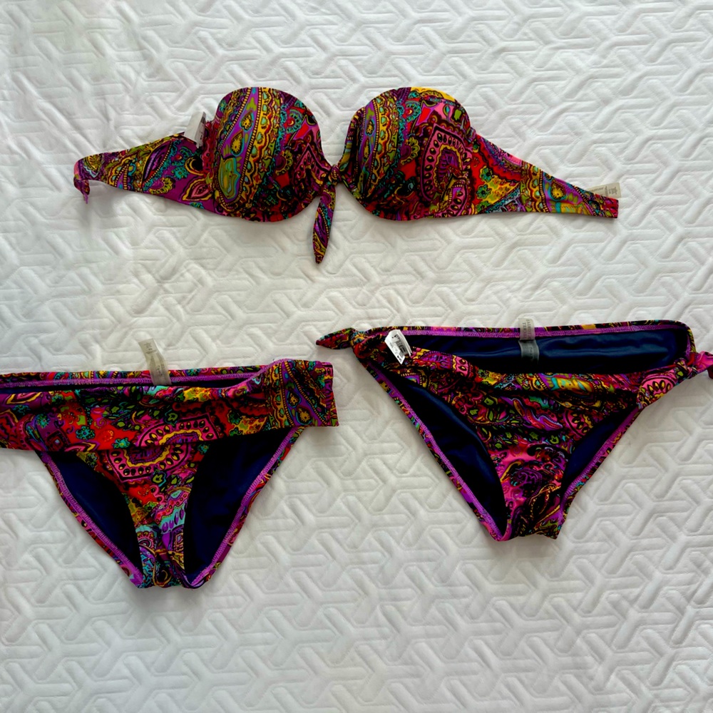 bikini 34c top. M tie bottom. S/P high rise folding banded bottom